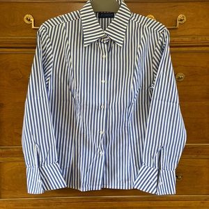French blue and white striped dress shirt with single button cuffs.